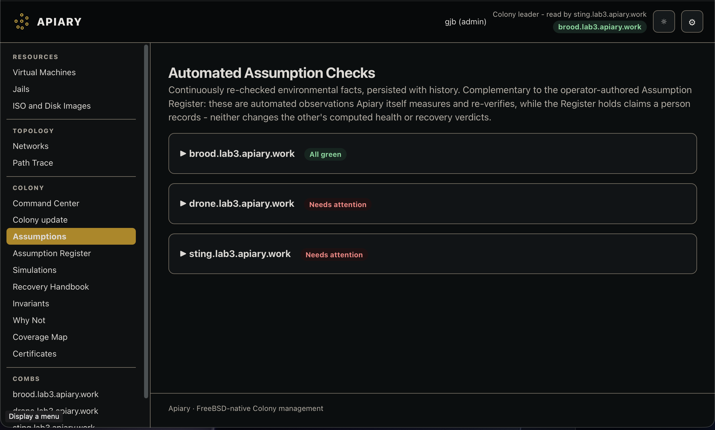 Automated Assumption Checks across a 3-node cluster, with green and attention statuses for persisted environmental observations.