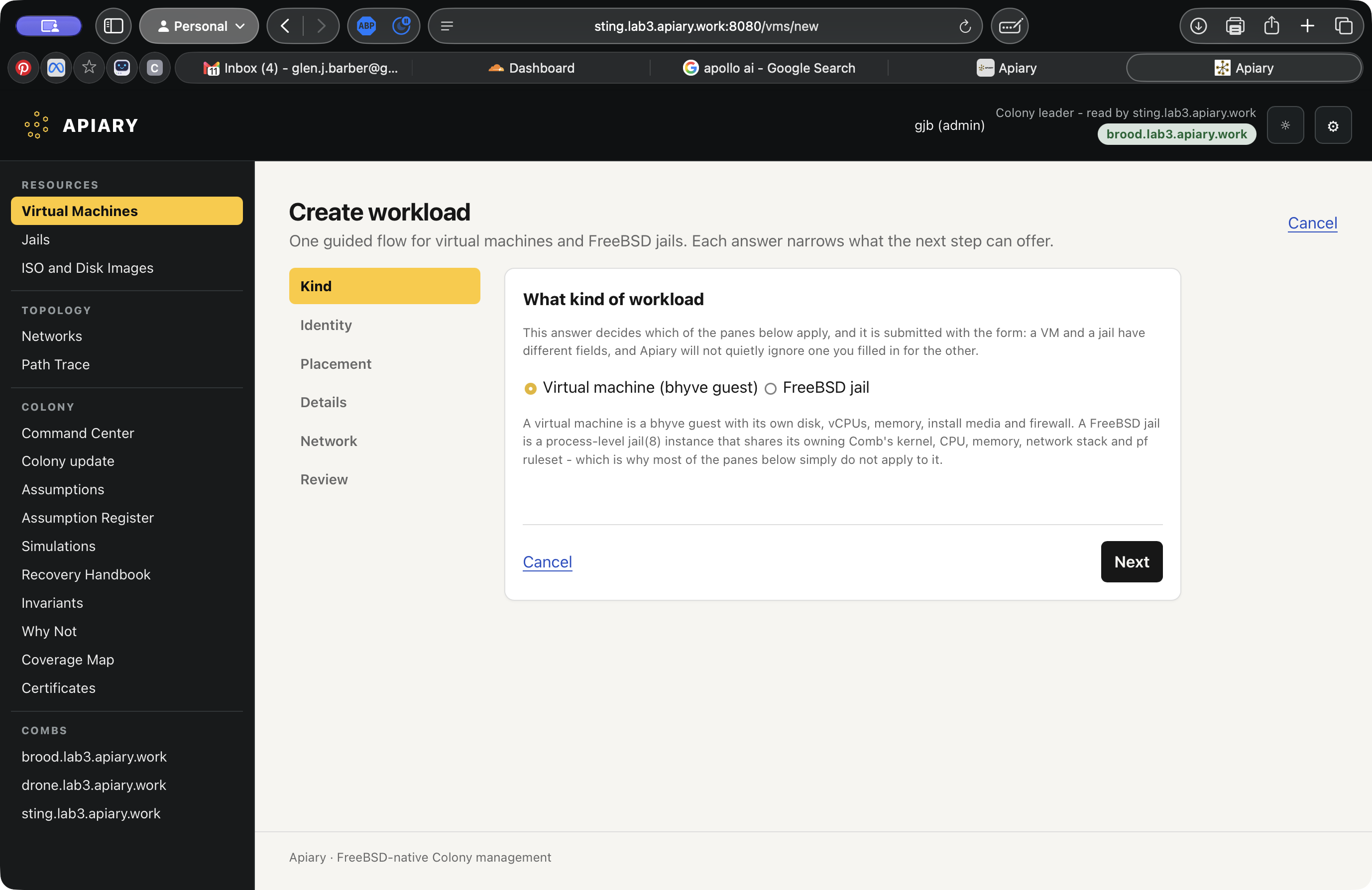 The Create workload wizard's Kind step, offering a virtual machine or FreeBSD jail and showing the guided step rail.