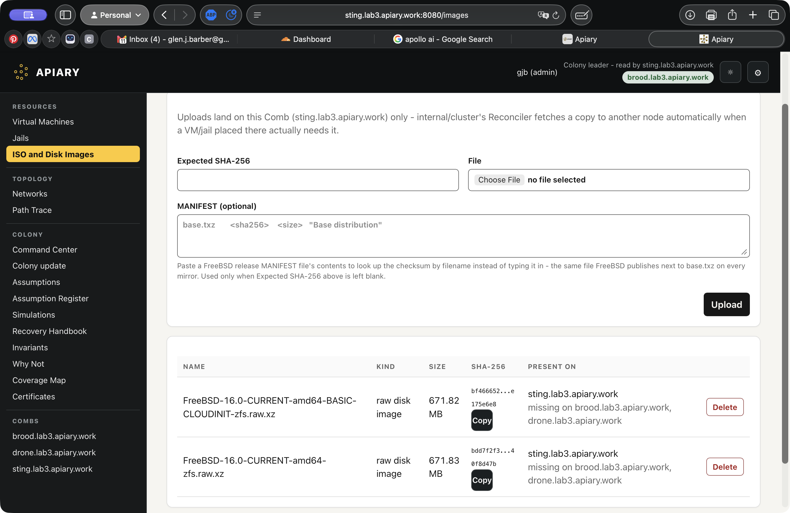 Apiary's ISO and Disk Images page, showing image upload fields and FreeBSD disk images with their SHA-256 values and Comb availability.