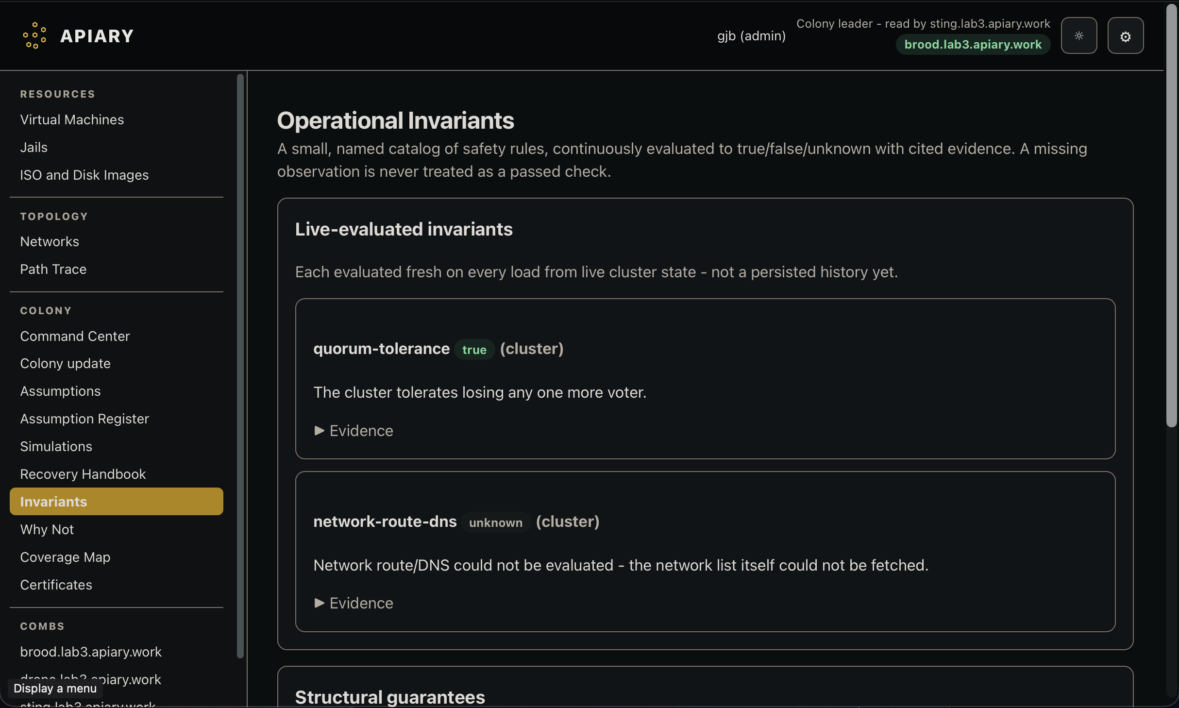 The Operational Invariants page in dark mode, showing live quorum-tolerance and network-route-DNS results alongside structural guarantees.